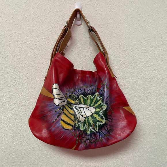 Hand Painted Bumble Bee Leather Hobo Bag Horse bit Anuschka Inspired - Picture 2 of 16